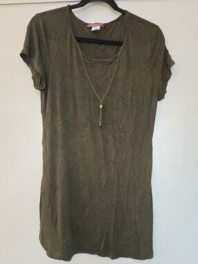 Say Anything - Olive Green Short-Sleeve Top With Built-In Tassel Necklace